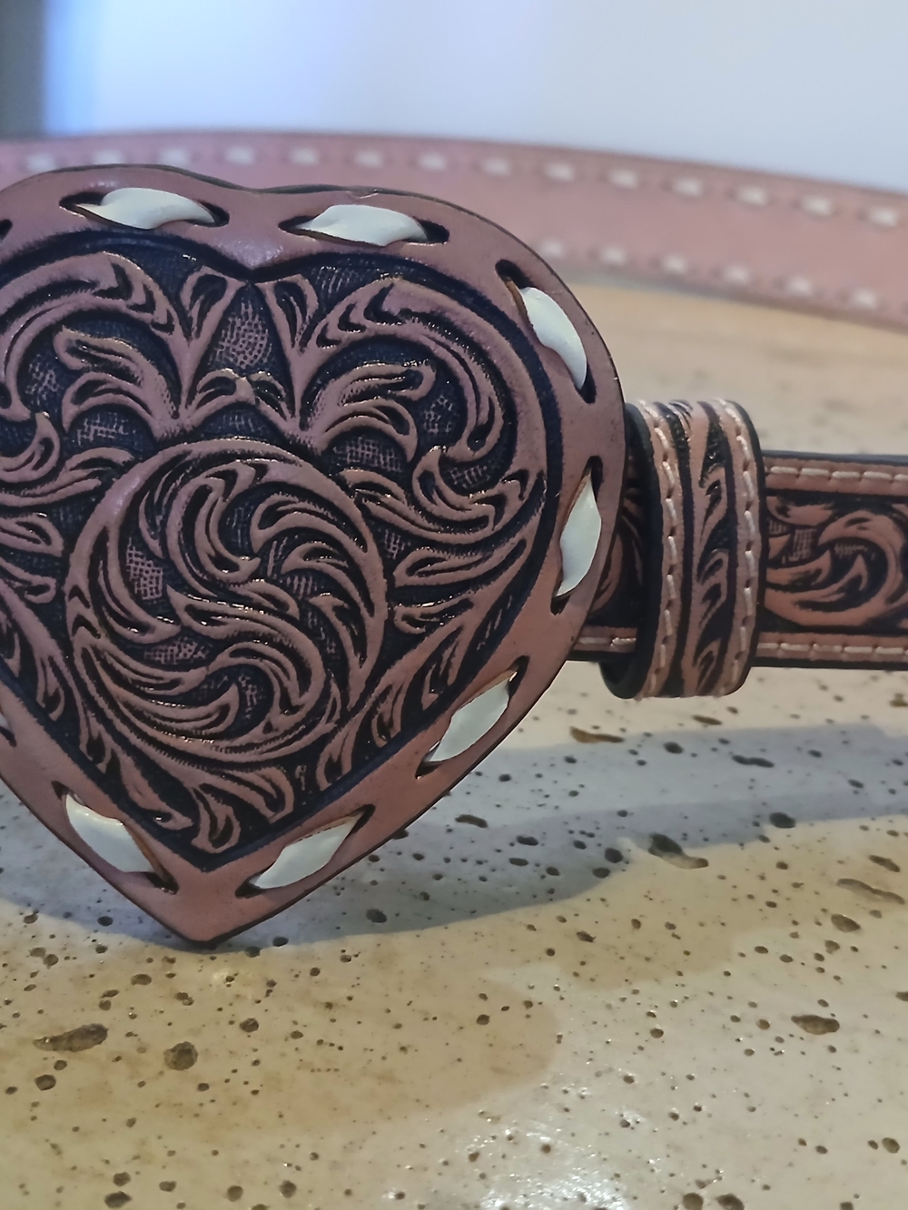 Heart Tooled Pink Leather Belt with White Inlay - Women Accessories